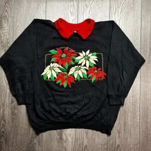 Vintage Poinsettia Flower Sweatshirt Black Red Collar Floral 90s 2X Cottage Core